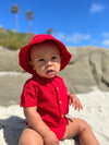 Red, twill, bucket, hat, little, baby, on, beach, wearing, red, onesie, buton, buttons, summer, henry.