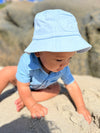 pale, blue, woven, bucket, hat, blue, onesie, button, buttons, pocket, baby, playing, with, the, sand, summer, henry.