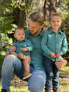 Full Set Baby To Dad, Teal, Grey, Grid, Woven, Shirt, Smart, Casual, Henry, Charcoal, Navy, Jeans, long, sleeves, sleeved, sleeve.