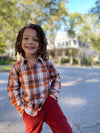 little boy, brown , hair, rust, plaid, woven, shirt, red, twill, pants, standing, outside, house, on, pavement, henry,