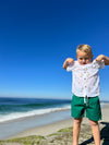 Boy wearing Green, Twill, Shorts, Printed Shirt,Summer, Beachwear, Spring, Henry.