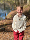 Fair hair boy in Atwood, printed, print, car, Woven, shirt, long sleeved, sleeves, sleeve, Button, Buttons, Burgundy, pants, Henry, Dad, Daddy.