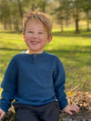 Blue, knit, knitted, sweater, jumper, button, buttons, pocket, navy, pants, brown, hair, casual, warm, autumn, fall. henry.