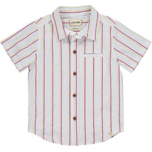  Red, blue, gold, stripe, striped, short sleeve, shirt, buttoned, collar, pocket, smart, casual, spring, summer, Henry.