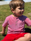 Boy wearing Red White Henley, Red, twill, basic, short, shorts, casual, spring, summer, Henry.