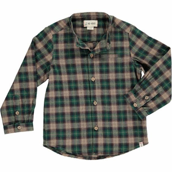 Mens Woven Round Neck Shirt green plaid