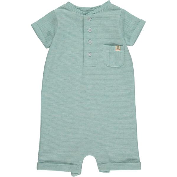 sky ribbed henley romper, small front pocket and short sleeve, 4 buttons