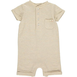 Beige ribbed henley romper, short sleeves, 4 buttons, small front pocket