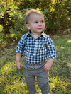 Navy plaid woven onesie