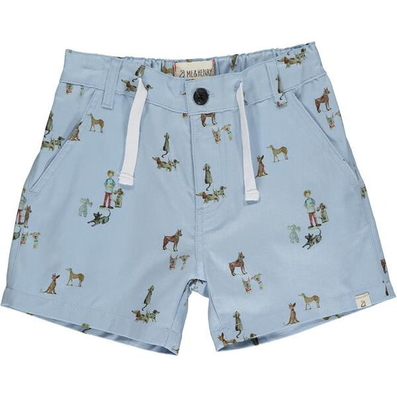 Henry dog print blue shorts with white drawstrings