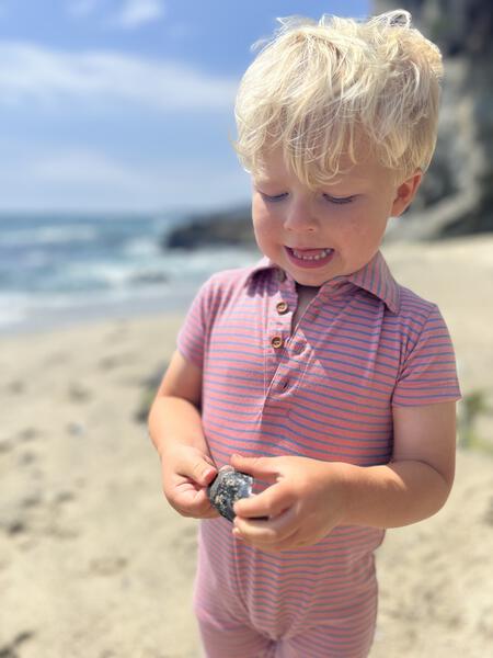 small, boy, wearing, pink, blue, stripe, stripes, striped, polo, romper, button, buttons, blonde, hair, summer, henry,