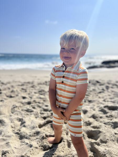 Orange, cream, stripe, stripes, striped, button, buttons, romper, blonde, hair, little, boy, standing, in, sand, on, beach, summer, henry.