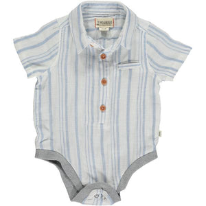 blue/ cream vertical striped woven onesie, with short sleeves, 4 buttons with a collar and poppers