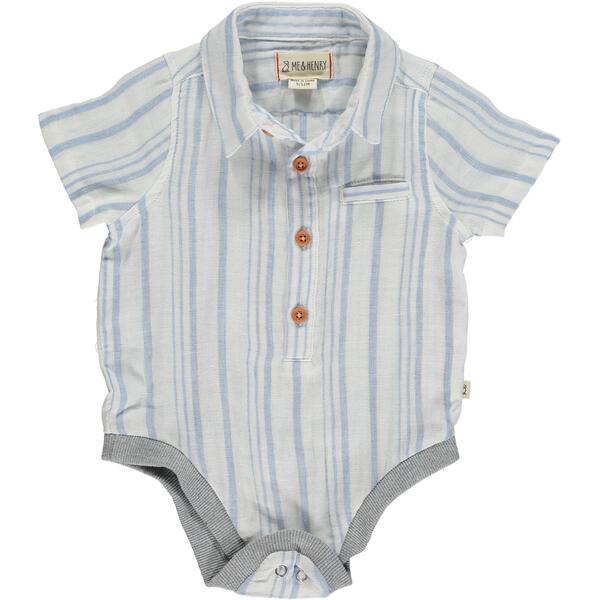 blue/ cream vertical striped woven onesie, with short sleeves, 4 buttons with a collar and poppers