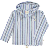 Navy blue, light blue and white vertical striped hooded top with drawstring on neckline and long sleeves