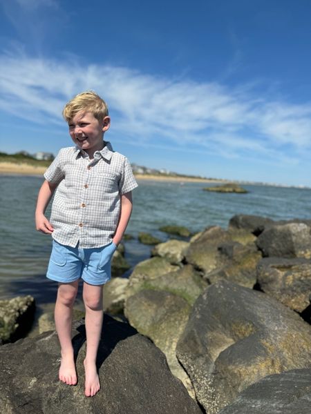 Grey, White, Plaid, woven, shirt, button, buttons, blue, shorts, blonde, hair, boy, got, his, hand, in, his, pocket, standing, up, on, rocks, summer, henry.