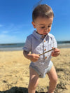 grey, micro, plaid, woven, onesie, button, buttons, collar, pocket, dark, hair, little, boy, holding, a, stick, cool,  summer, henry,        