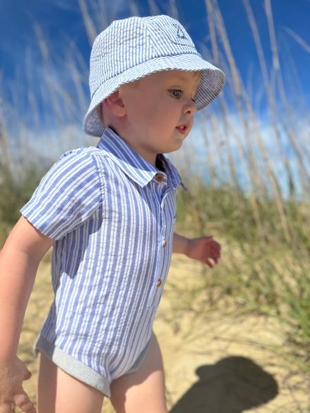 Royal, white, stripe, seersucker, bucket, hat, blue, stipe, stripes, striped, little, boy, walking, in, sand, summer, henry.