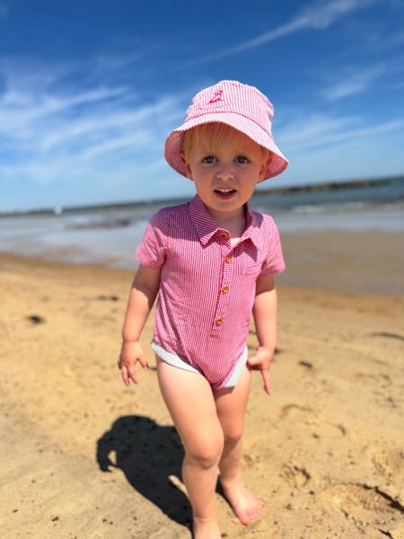 red, white, micro, plaid, woven, onesie, button, buttons, collar, pocket, little, boy, wearing, red, white, woven, bucket, hat, summer, henry,