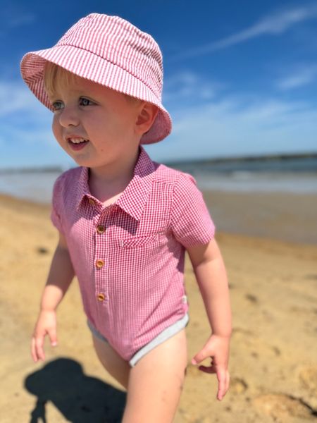 Red, white, stripe, seersucker, woven, bucket, hat, red, white, stripe, onesie, little, boy, on, beach, summer, henry,