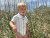 navy, blue, white, wide, stripe, stripes, striped, button, buttons, pocket, collar, little, boy, standing, in, the, long, grass, fair, hair, summer, henry.