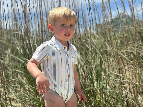 navy, blue, white, wide, stripe, stripes, striped, button, buttons, pocket, collar, little, boy, standing, in, the, long, grass, fair, hair, summer, henry.