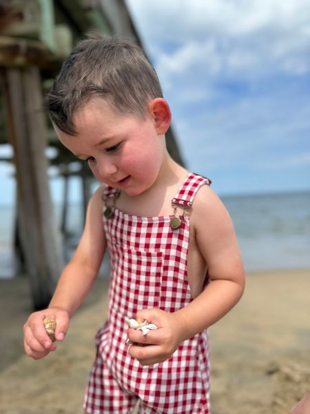 red, white plaid, woven, overalls, dark, hair, little, boy, holding, shells,  at, the, beach, summer, henry.