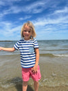 Blue, white, stripe, pocketed, tee, red, shorts, with, pockets, long, fair, hair, boy, at the, beach, casual, look, summer, henry.