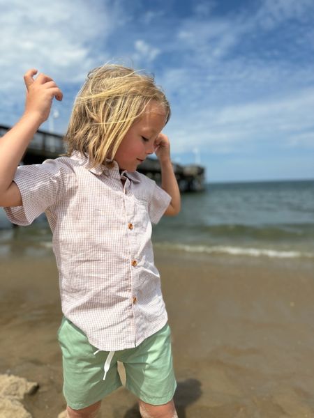 Beige, Micro, Plaid, woven, shirt, button, buttons, short, sleeves, sage, shorts, little, boy, got., long, blonde, hair, summer, henry.