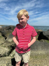 Fair Hair Boy wearing Beige Cargo Shorts, Red/White Stripped, Stripe ,Stripes, Hooded Top, Short Sleeve, Sleeves, Sleeved, By Henry.