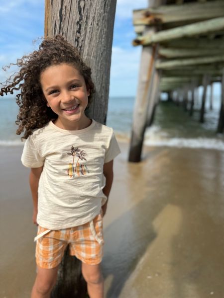 Yellow,  Surfboard, printed, tee, tangerine, white, woven, shorts, dark, curly, hair, boy, at, pier, summer,           henry.