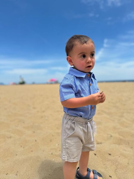 royal, micro, plaid, woven, onesie, button, buttons, dark, hair, little, boy, wearing, stone, shorts, sandals, cool, look, summer, henry.