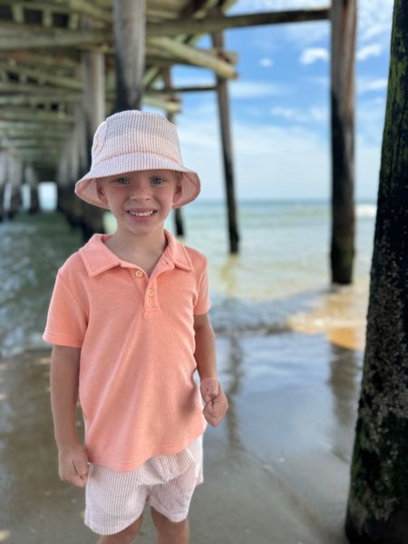 Tangerine, white, stripe, seersucker, woven, bucket, hat, matching, shorts, Tangerine, tee, boy, standing, under, pier, summer, henry.