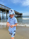 Boy, is, wearing, navy, multi, plaid, woven, bucket, hat, matching, shorts, blue, shirt, at, pier, summer, henry.