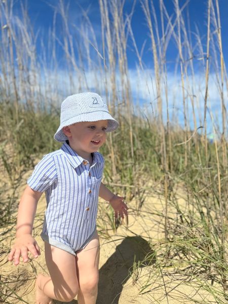 blue, white, double, stripe, stripes, striped, button, buttons, collar, pocket, blue, woven, bucket, hat, boy, walking, in, the, sand, long, grass, summer, henry.