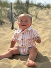 coral, white, stripe, stripes, striped, button, buttons, pocket, collar, little, baby, sitting, in, sand, summer, henry.