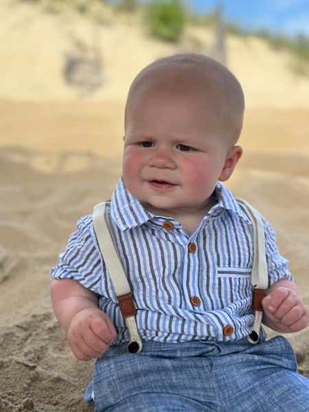 blue, navy, white, thin, seersucker, button, buttons, pocket, collar, little, boy, wearing, navy, heathered, shorts, with, spenders, summer, henry,