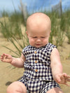 navy, cream, plaid, playsuit, button,  buttons, little, baby, sitting, playing, in, the, sand, spring, summer, henry, 