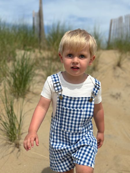 boy, wearing, navy, white, woven, overalls, pocket, at, the, front, white, tee, blonde, hair, walking, on, beach, summer, henry.