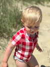 red, white, micro, plaid, woven, onesie, little, boy, got, blonde, hair, playing, in, sand, summer, henry.