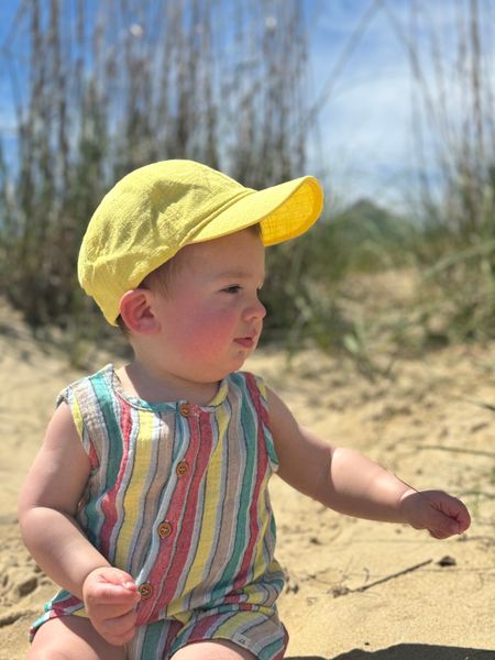 lemon, woven, cap, stripe, onesie, baby, siting, in, sand, summer,                  henry.