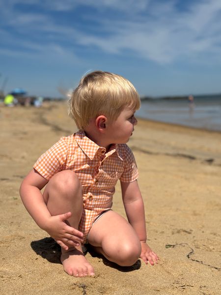 tangerine, white, plaid, woven, onesie,  button, buttons, fair, hair, little, boy, kneeling, in, sand, summer, henry.