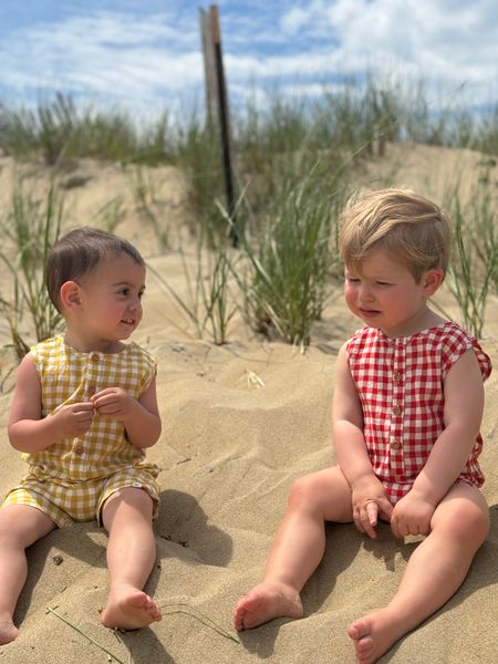 red, cream, plaid, gold, cream, plaid, play, suits, button, buttons, little, boys, sitting, in, sand, on, beach, spring, summer, Henry.