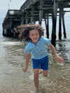 Boy Running in the Sea in Blue ,Shorts, Blue Aqua Stripe, Stripped, Stripes, Short Sleeves, Sleeved, Sleeve, Hooded Top By Henry
