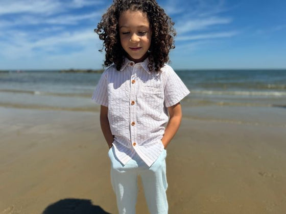 Beige, Gauze, woven, stripe, button, buttons, pocket, short, sleeves, white, pants, hands, in, pocket, dark, curly, hair, standing, at, beach, summer, henry.