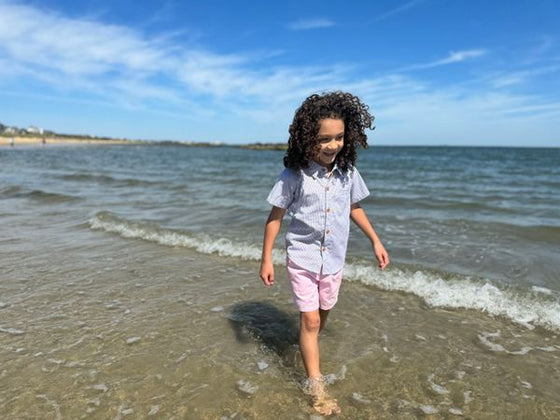 Grey, Micro, Plaid, woven, shirt, button, buttons, short, sleeves, pink, shorts, dark, curly, hair, boy, walking, in, water, summer, henry.