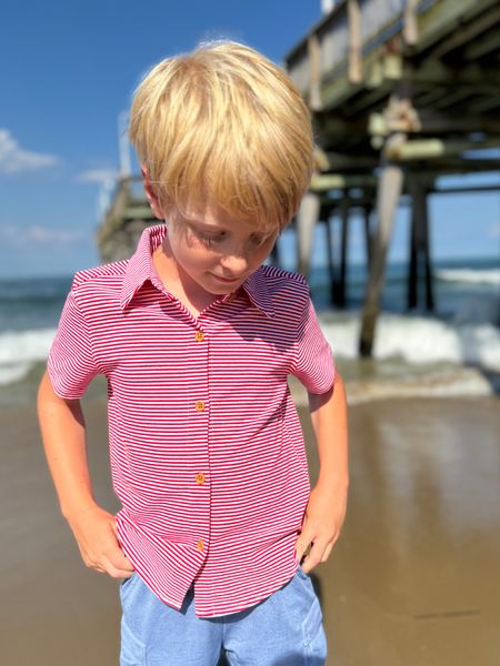 Red, white, stripe, jersey, shirt, button,       buttons, blue, shorts, hand, in, his, pocket, blonde, hair, little, boy, at, pier, summer, henry.