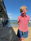 Red, jersey, Shirt, button, buttons, short, sleeves, navy, shorts, blonde, hair, boy, at, the, beach, summer, henry.