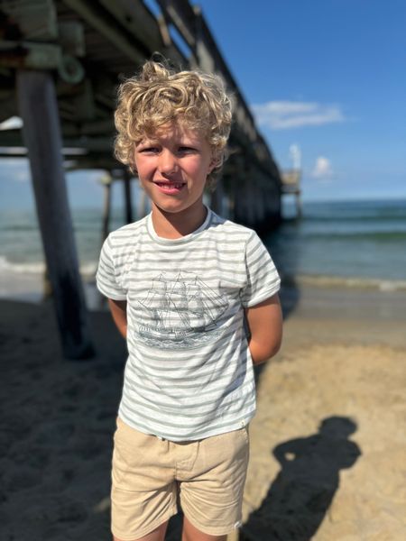 Gray, boat, printed, tee, stone, shorts,  curly, hair, boy, standing, at, pier,             casual, look, summer, henry.