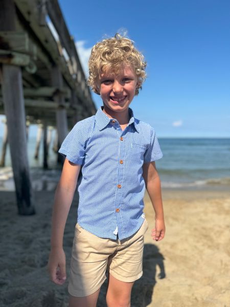 Royal, Micro, Plaid, Woven .shirt, button, buttons, short, sleeves, beige, shorts, blonde, curly, hair, boy, at, the,     beach. summer, henry.